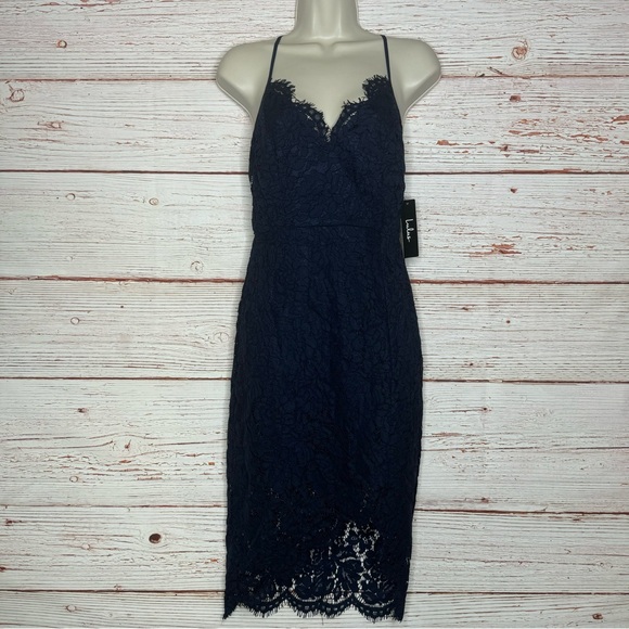 NWT Lulus Flirting with Desire Navy Blue Lace Bodycon Dress Sz S - Picture 7 of 16